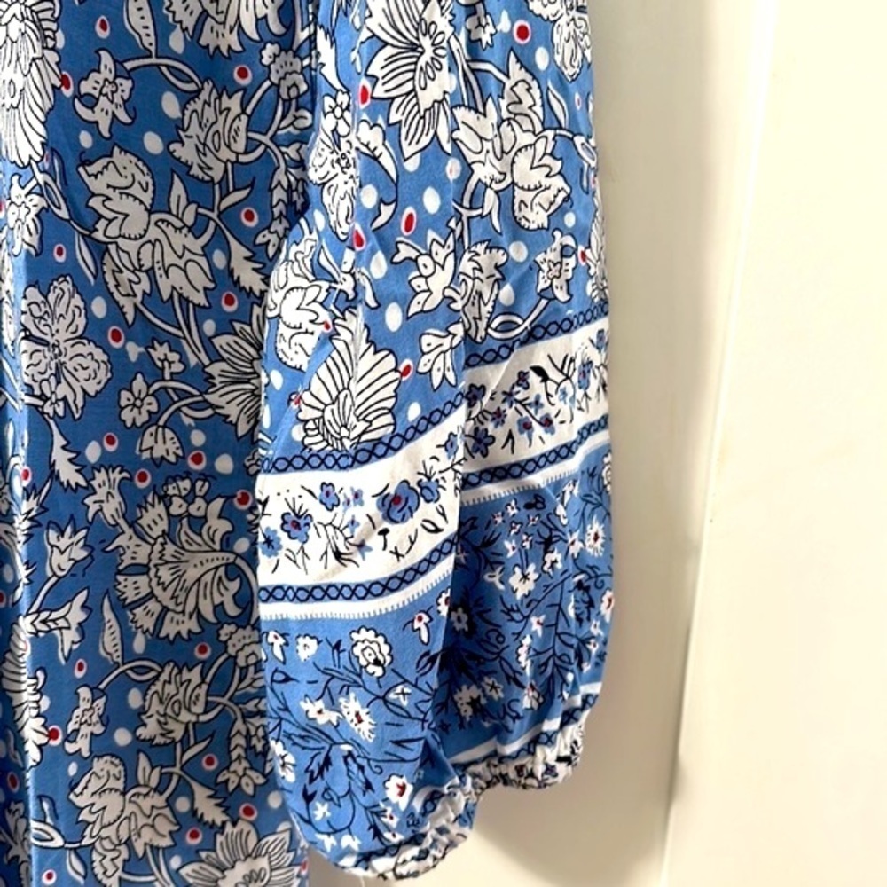 R. Vivimos Blue & White Floral Boho Print Long Sleeve V Neck with Tassels Dress - Picture 7 of 12